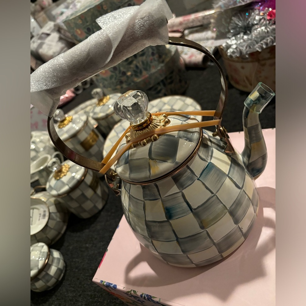 McKenzie Childs, white and gray teapot canister set salt pepper shakers